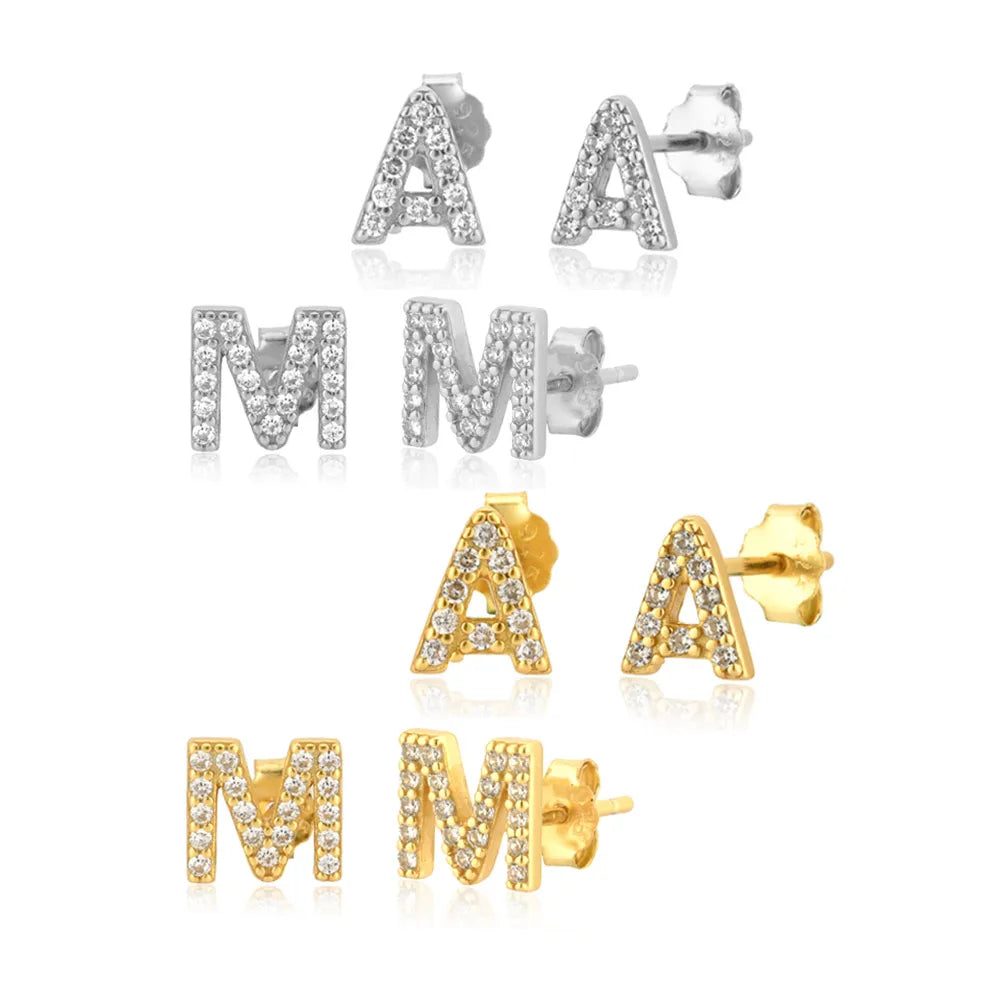 FUAMAY Fashion Dainty 925 Sterling Silver 18K Gold Plated Alphabet Stud Earrings A-Z Pave Letter Earrings