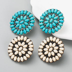Wholesale Western Boho Style Round Turquoise Stud Earrings Flower Shape Jewelry