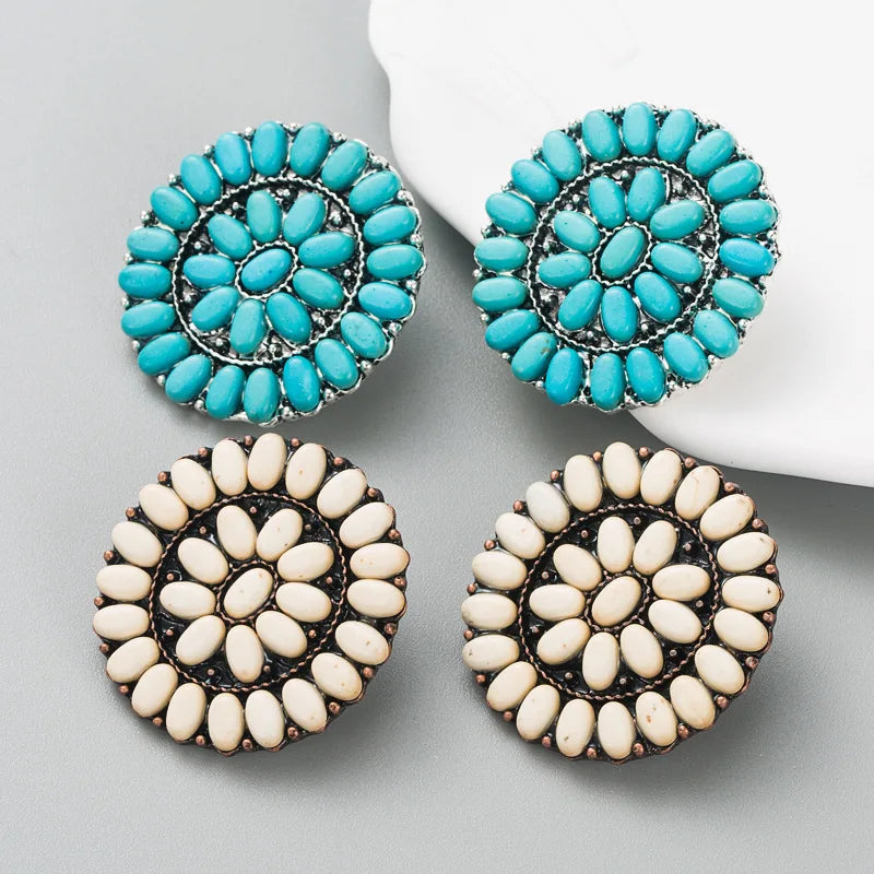 Wholesale Western Boho Style Round Turquoise Stud Earrings Flower Shape Jewelry