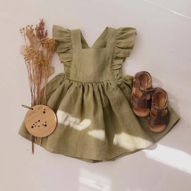 Linen Pinafore Sundress Ruffle  Dress Girl