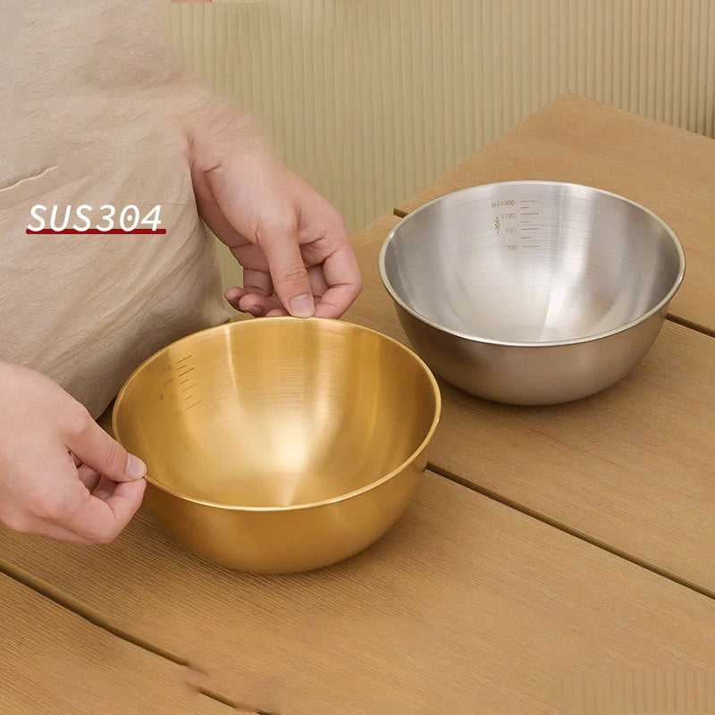 Stainless Steel Cold Noodles Bowl Household Fruit Salad Bowl with Scale Mixed Rice Bowl Korean Tableware Baking Accessory