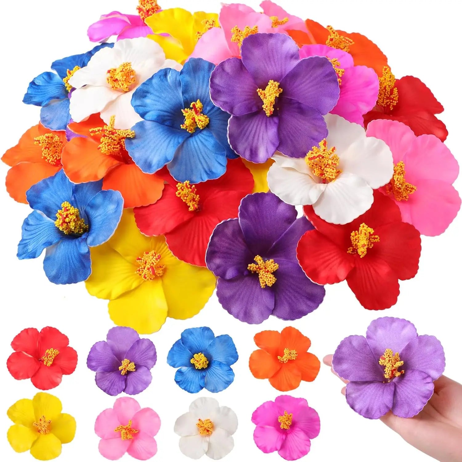 24 Pcs Artificial Hibiscus Flowers for Hawaiian Luau Party Tropical Flowers DIY Crafts Summer Party Favors Supplies Cake Tables