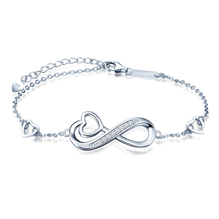 925 Sterling Silver Eight-shape Heart Endless Love Symbol Bracelets for Women Adjustable Bracelet Rhodium MegaBDM