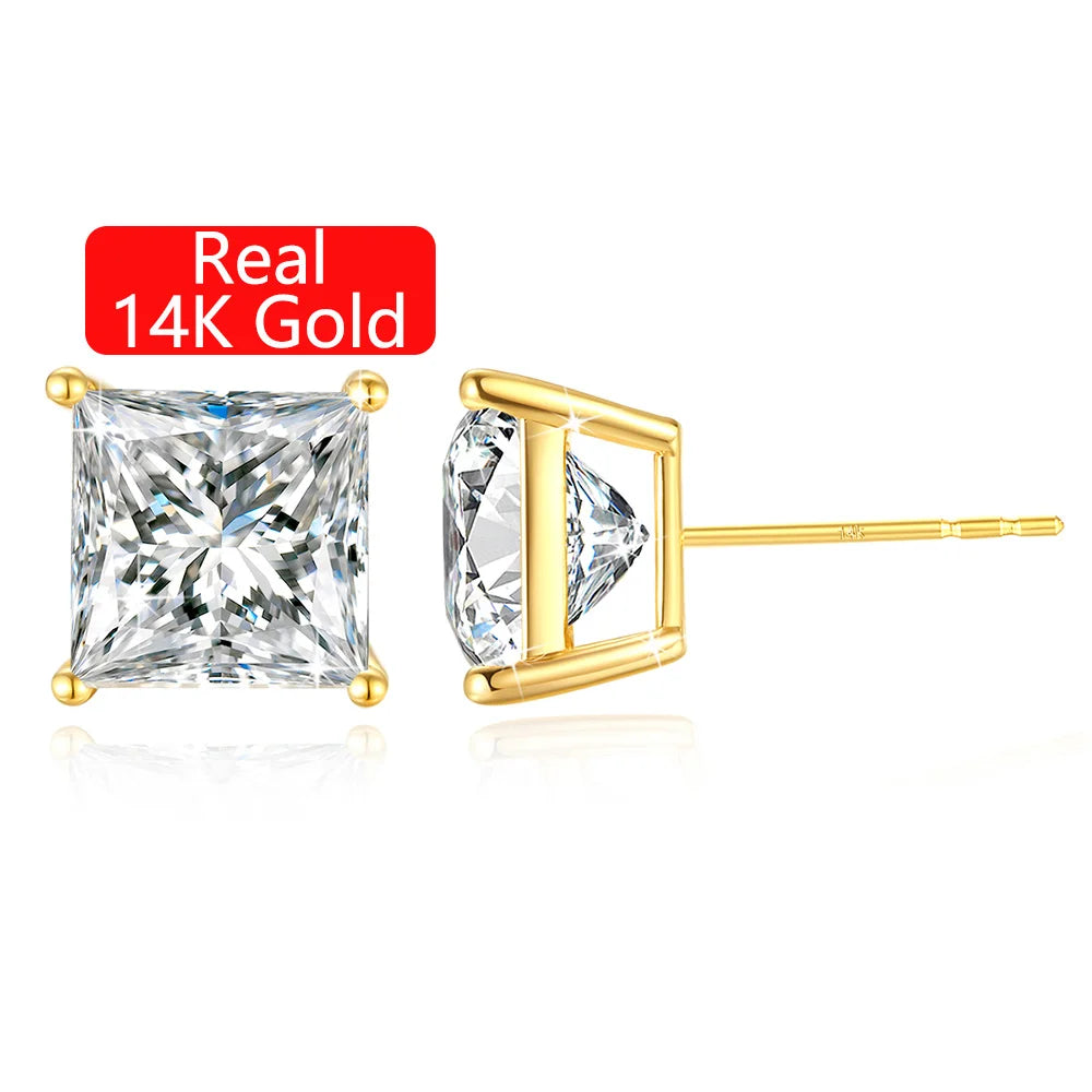 Fine Jewellery Engagement Gift Woman Hollow 14K Gold 1ct 2ct 3ct Princess Cut Moissanite Stud Earrings