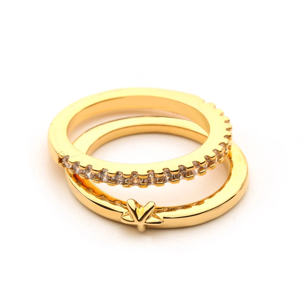 Stackable Double Rings Women Gold Color Sparkling Crystal Fashionable Jewelry Wedding Cut CZ Diamond Lady Finger Anillos Mujer
