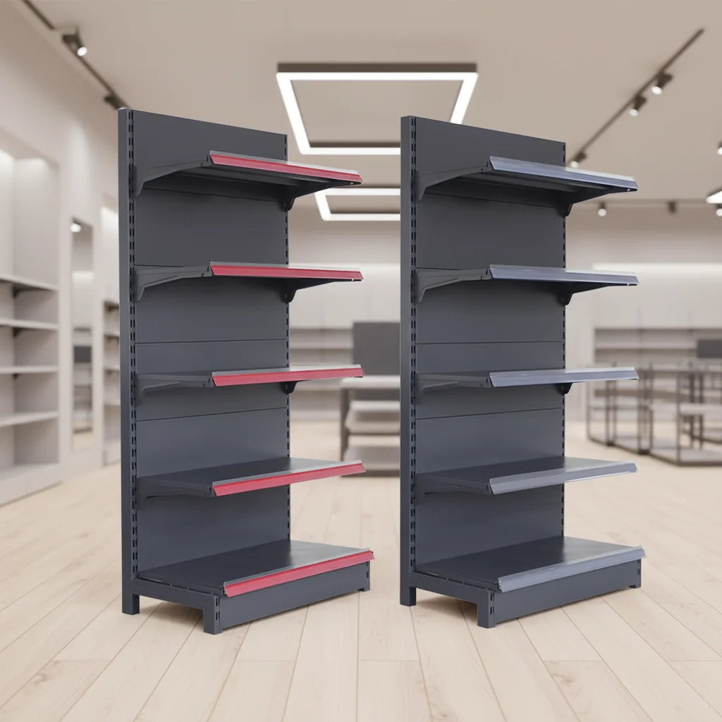 PFT Factory Custom Size Double-Sided Heavy Duty Epoxy Powder Coated Metal Grey Freestanding Supermarket Rack for Convenience