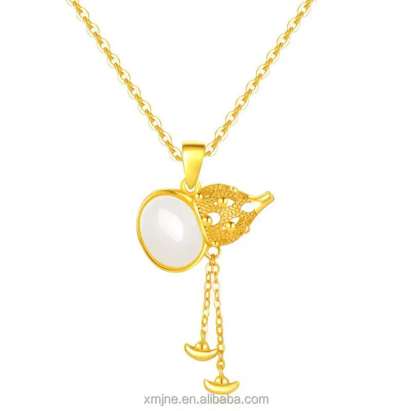 Certified S925 Silver Ancient Gold Tassel Gourd Natural Hetian Jade White Jade Pendant Female Necklace Collarbone Chain Gift