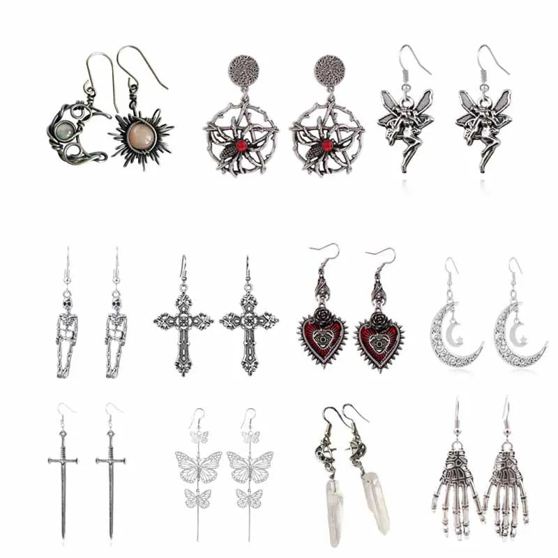Bohemian Punk Jewelry Gift Asymmetric Sun Moon Earrings Vintage Skull Cross Heart Punk Earrings Gifts for Women Men