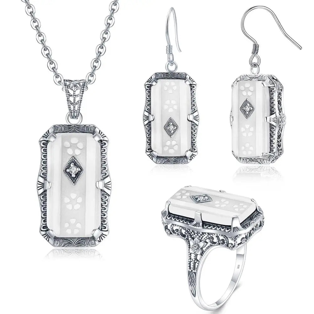 Szjinao 925 Jewelry Set Undefined White Agate Pendant Earrings Ring Set Jewellery Turkish Silver Real 925 Sterling Silver Women