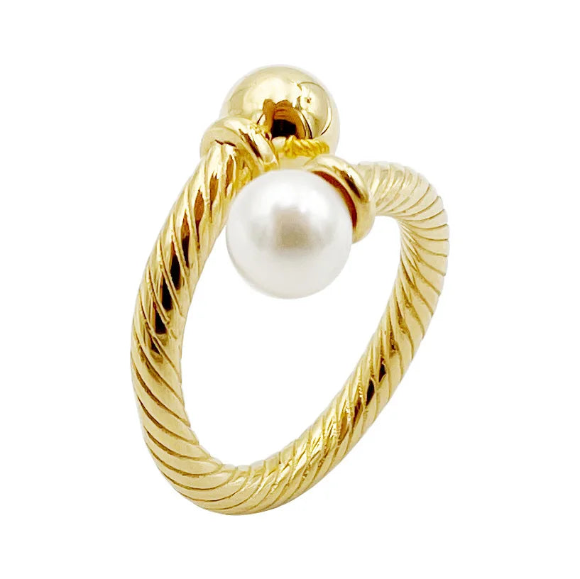 Wholesale Fashion Stainless Steel Ring Gold Plated Pearl Ring Open Ring for Women