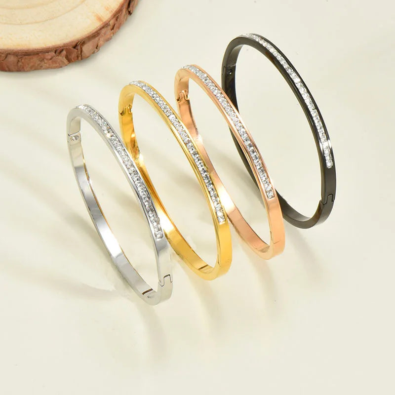 Titanium Open Cuff Bracelet Korean Style Simple Design with Zircon Detail Fashion Jewelry Accessory