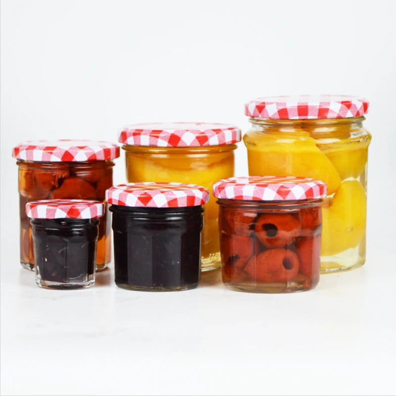 Unique Shape 50ml 100ml 150ml 200ml 250ml 380ml Pickle Sauce Fruit Jam Glass Food Storage Jars with Red Metal Lids