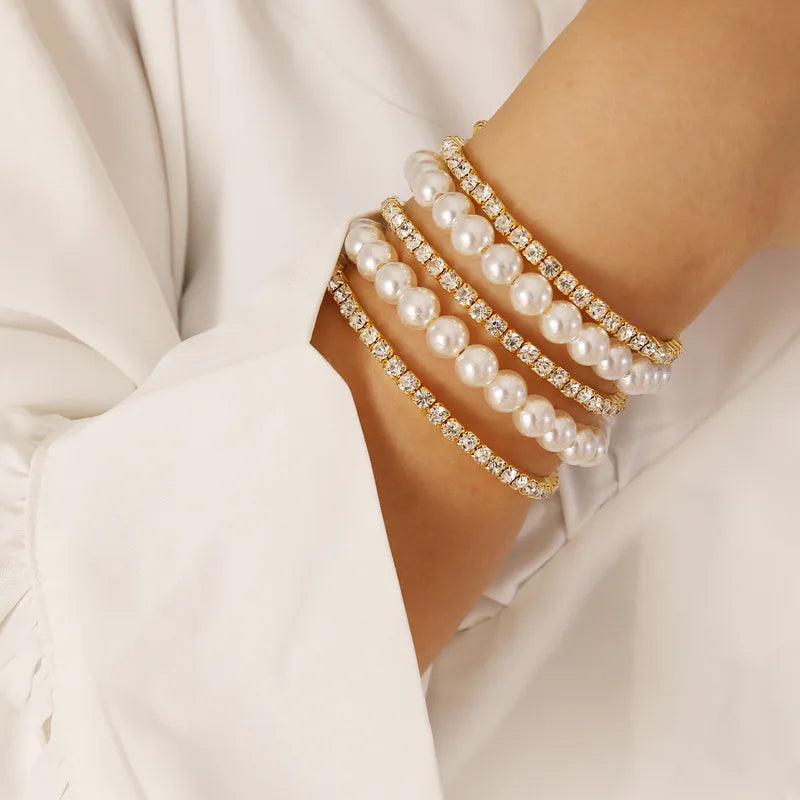 Fashion Elegant Imitation Pearl Multi Layered Crystal Bracelets for Women