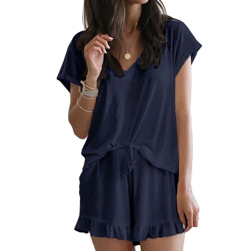 Solid Casual New Home Furnishings Plain Pajama Short Sleeved and Shorts Set