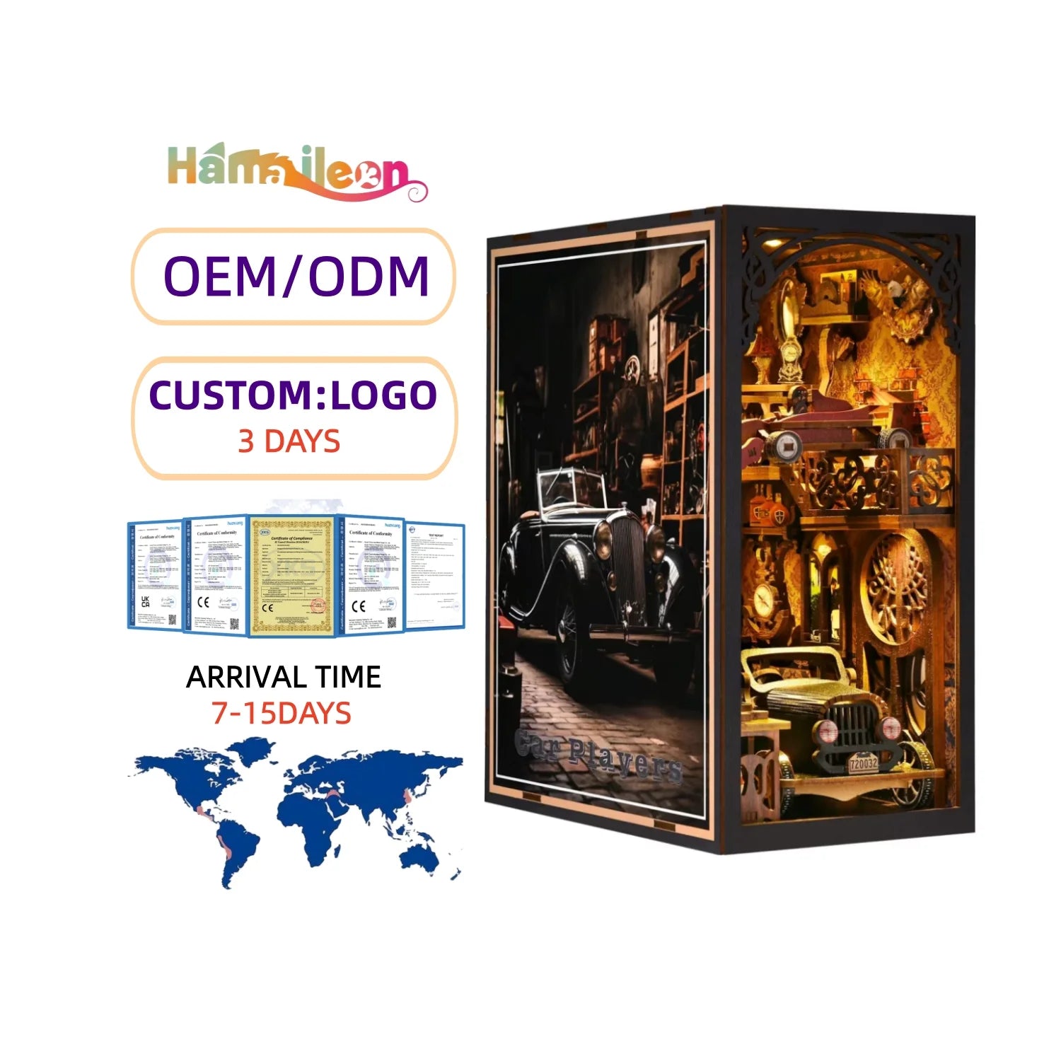 Hamaileon Book Nook DIY Kit 3D Wooden Puzzle Toy Car Players Wall Clock Decor For Dollhouse Gifts For Adults Teens