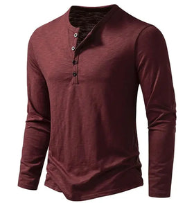 New Men's Solid Color Henley Neck Long Sleeved T-shirt Fashion Men's Casual Loose T-shirts