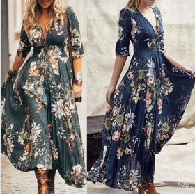 2023 Summer Women's Large Size Personalized Print Design V-neck Sexy Dress