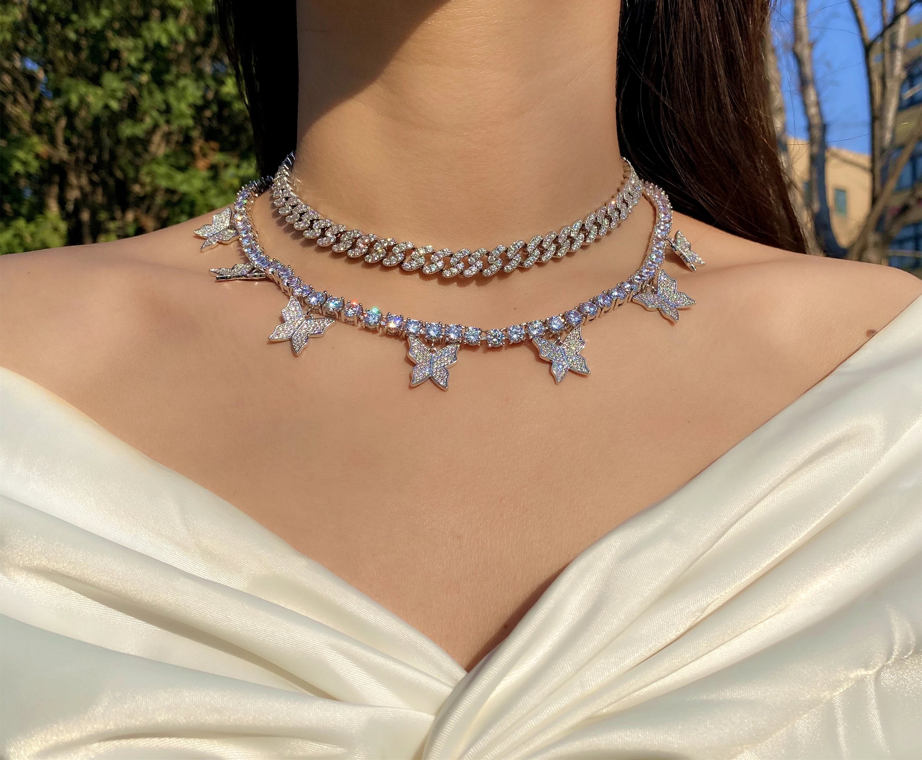 Fashion Hip-hop Jewelry Brass Cz Pave Chain Necklace Custom Silver pink  butterfly Pendant Cuban Link Chain
