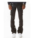 KY Homme Black Custom Flare New Design High Street Wear Hot Sale Leather Flare Cargo Stacked Pants Men