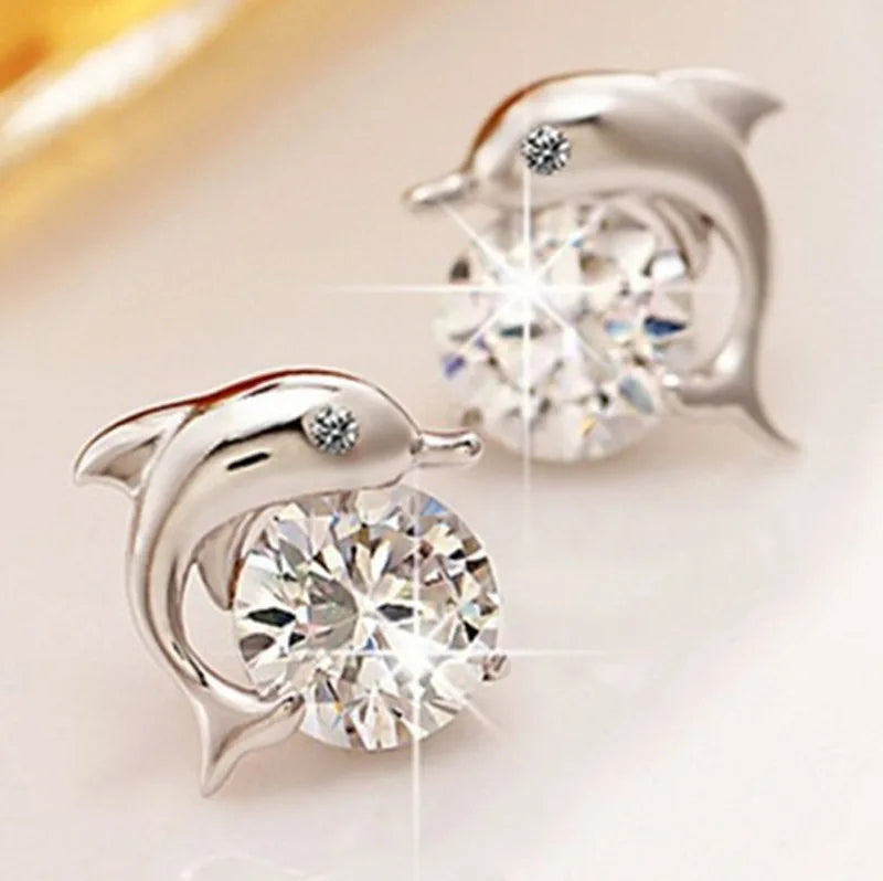CAOSHI Fashion Jewelry Silver Plated Diamond Cute Animal Ear Stud Dolphin Sparkling Zircon Stud Earring for Women
