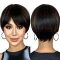 Factory Fast Delivery Short Dark Brown Straight Pixie Cut Wig Brown Highlight Synthetic Wigs with Bangs High Temperature Fiber