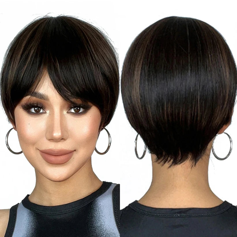 Factory Fast Delivery Short Dark Brown Straight Pixie Cut Wig Brown Highlight Synthetic Wigs with Bangs High Temperature Fiber