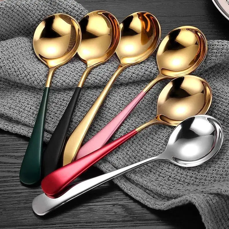 Korean Style Gold Plated 304 Stainless Steel Soup Spoons New Arrival Bulk Metal Camping Coffee Dinner Dessert Utensils