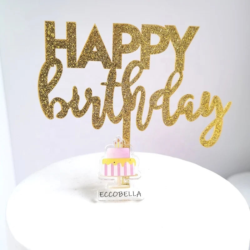 Double Sided Gold & Silver Glitter Acrylic Happy Birthday Cake Topper for Birthday Cake Decoration Party Supplies