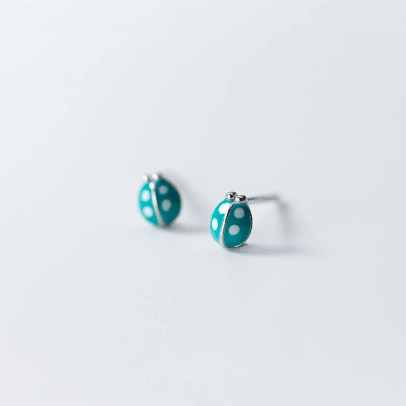 Mini 925 Sterling Silver Green Ladybug Women Sweet Animal Stud Earrings Wholesale