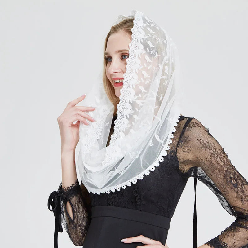 Luxury Ladies Lace Triangle Embroidery Head Veil Females Head Covering Flower Jacquard Cotton Wedding Veil