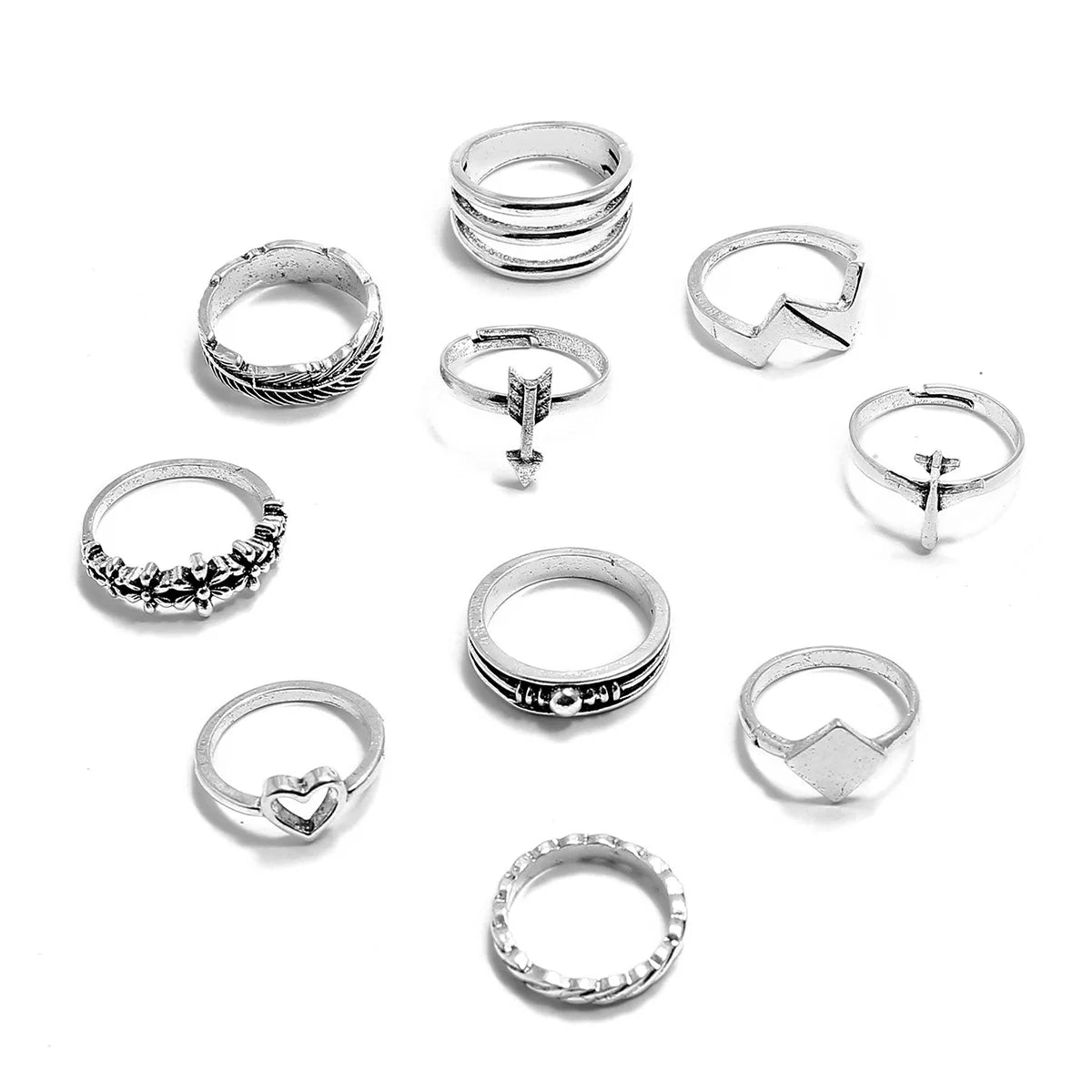 10 Pcs/Set Vintage Personality Silver Rings Hollow Out Love Ring  for All Fingers Women Stainless Steel Ring Set Jewelry