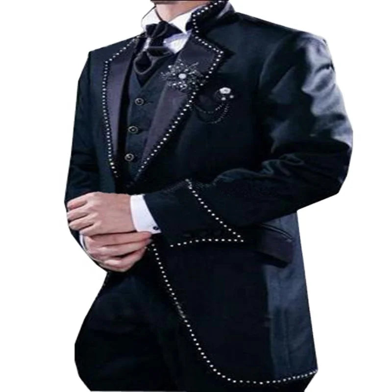 Trendy One Button Navy Long Blazer Groom Tuxedos Groomsmen Men's Wedding Party Prom Suits (Jacket+Pants+Vest+Tie) Bespoke Plus