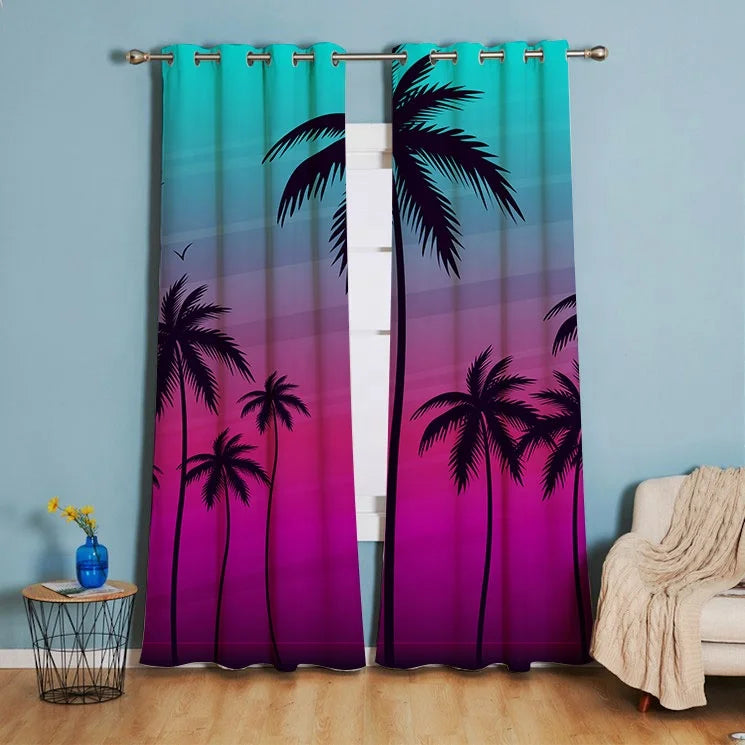 Personality Seaside Resort Style 3d Coconut Tree Print Curtains Eco-Friendly 100% Polyester Bedroom Backout Curtains