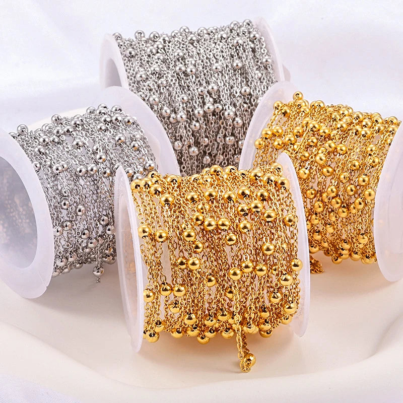 Wholesale 5Meter/roll DIY Gold Plated Stainless Steel Cable Chain Necklace 1.2mm 1.5mm Round Bead Jewelry Making Accessories