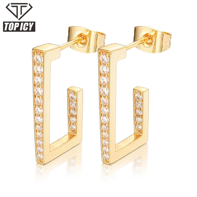 Top Icy Hip Hop Jewelry Fashion Rectangle Full Diamond Earring Gold Plated Cubic Zircon Hoop Earrings for Women