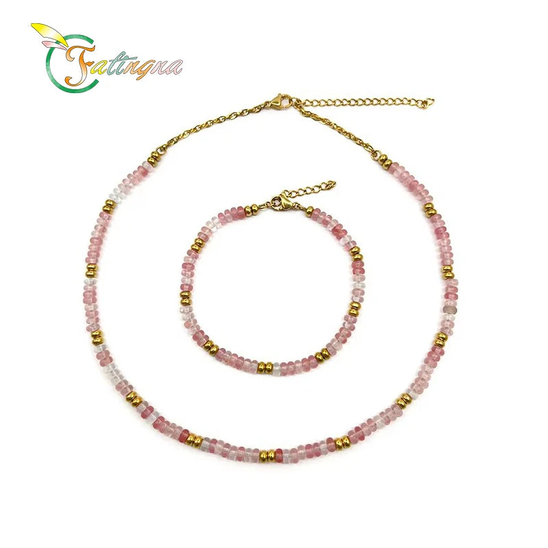 Fatingna Opal & Natural Agate Necklace Set Fine Stainless Steel PVD Gold Pearl-Gold Plated Link Chain Fashionable Pink Jewelry