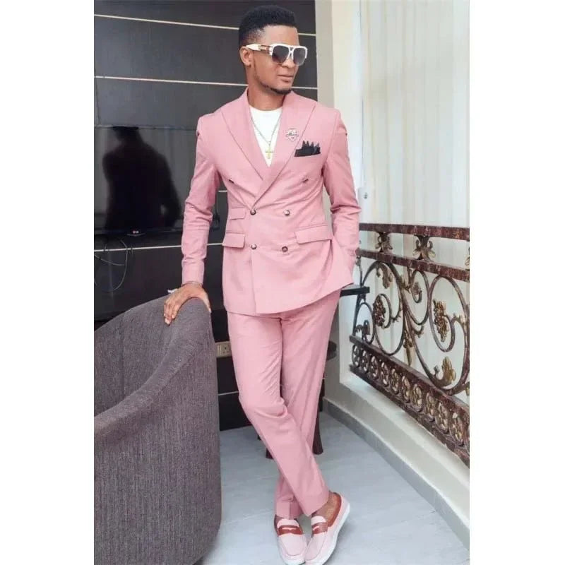 Double Breasted Pink Wedding Men's Suits Blazer High End Business Terno Elegant 2 Piece Jacket Pants Set