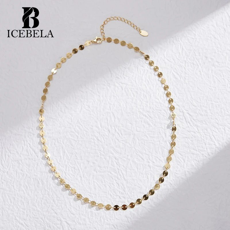 ICEBELA 4MM Thick Polished Disc Yellow Gold Adjustable Size 925 Sterling Silver Choker Necklace for Women