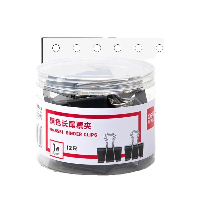 Deli 8561 12pcs/barrel Office Black Binder Clip Metal 50mm School Use File Folder 48barrel*12pcs=576pcs Per Carton Set