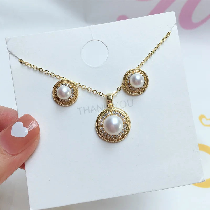 18K Gold Plated Chain Natural Real Genuine Freshwater Pearl Bridal Jewelry Set Zircon Pearl Necklace Earrings Set