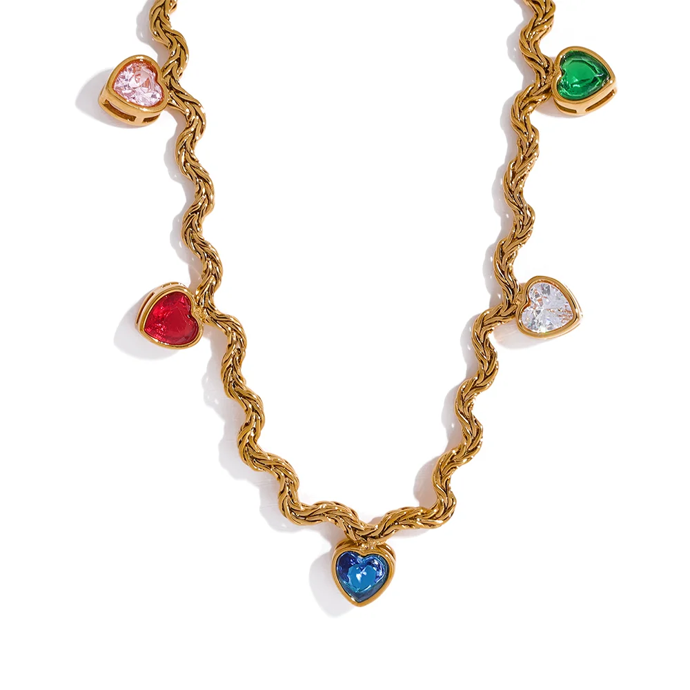 JINYOU 1667 Colorful Heart Cubic Zirconia Stainless Steel Chain Gold Color Collar Necklace Women Delicate Fashion Jewelry Gift