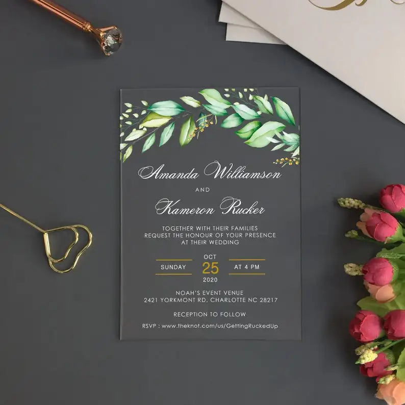 European Style Elegant Acrylic Wedding Invitations Cards Printed With Leaves MegaBDM