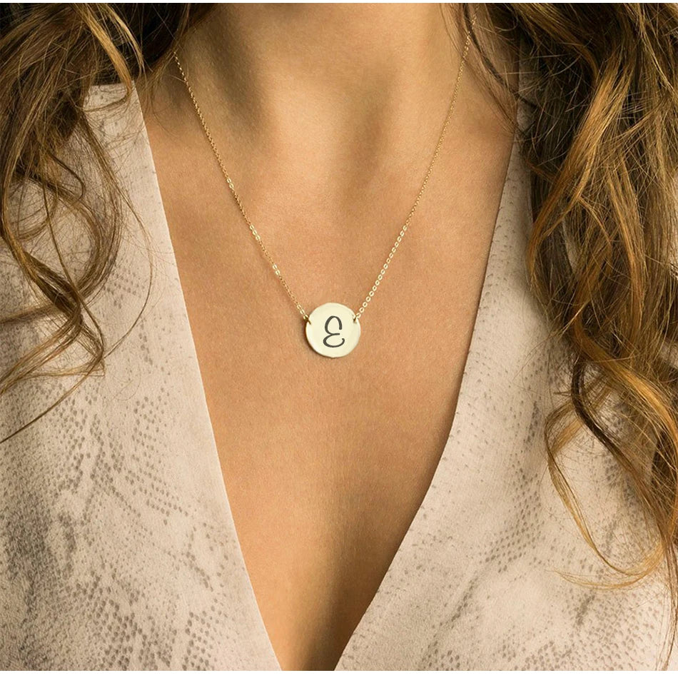 316L Minimalist Simple Jewelry Stainless Steel 15mm Round Disc Pendant Custom Engraved Artistic Initials Letters Necklace