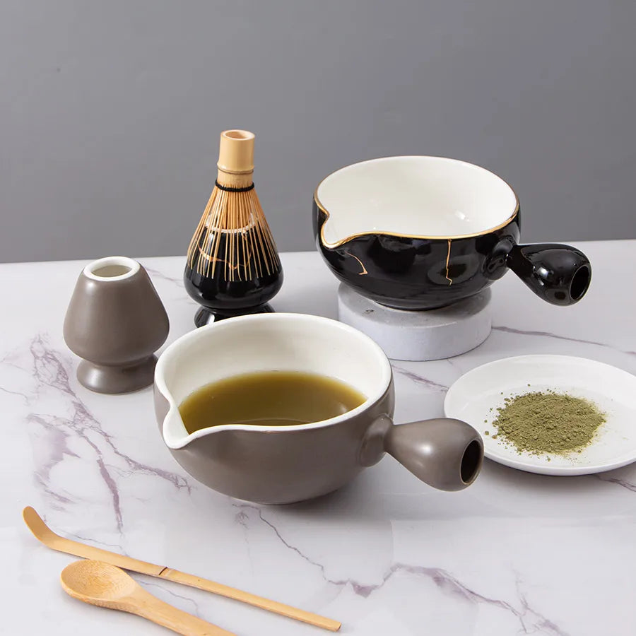 Custom Handmade Matcha Whisk Holder and Bowl With Spout Set Transmutation Glazed Dark Speckle Ink Effect Ceramic Matcha Set