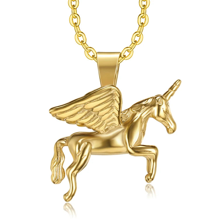 Latest Design Fashion 18k Gold Horse Pendant Necklace Knight Wing Horse Necklace for Men Jewelry Gift