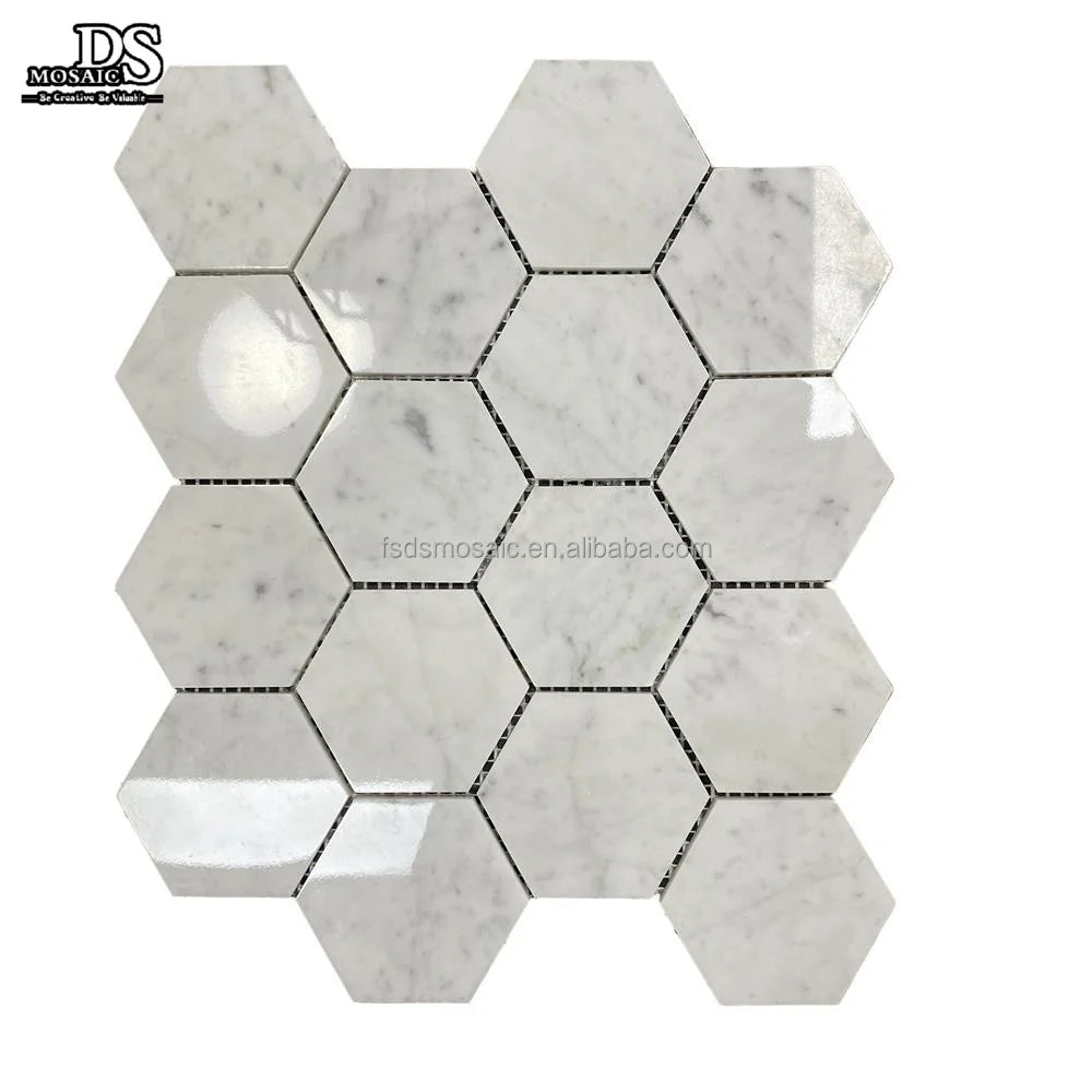 Modern Hexagon Polished Mosaic Tile Glossy Bianco Carrara White Marble 8mm for Kitchen Bathroom Wall Floor Use for Hotels
