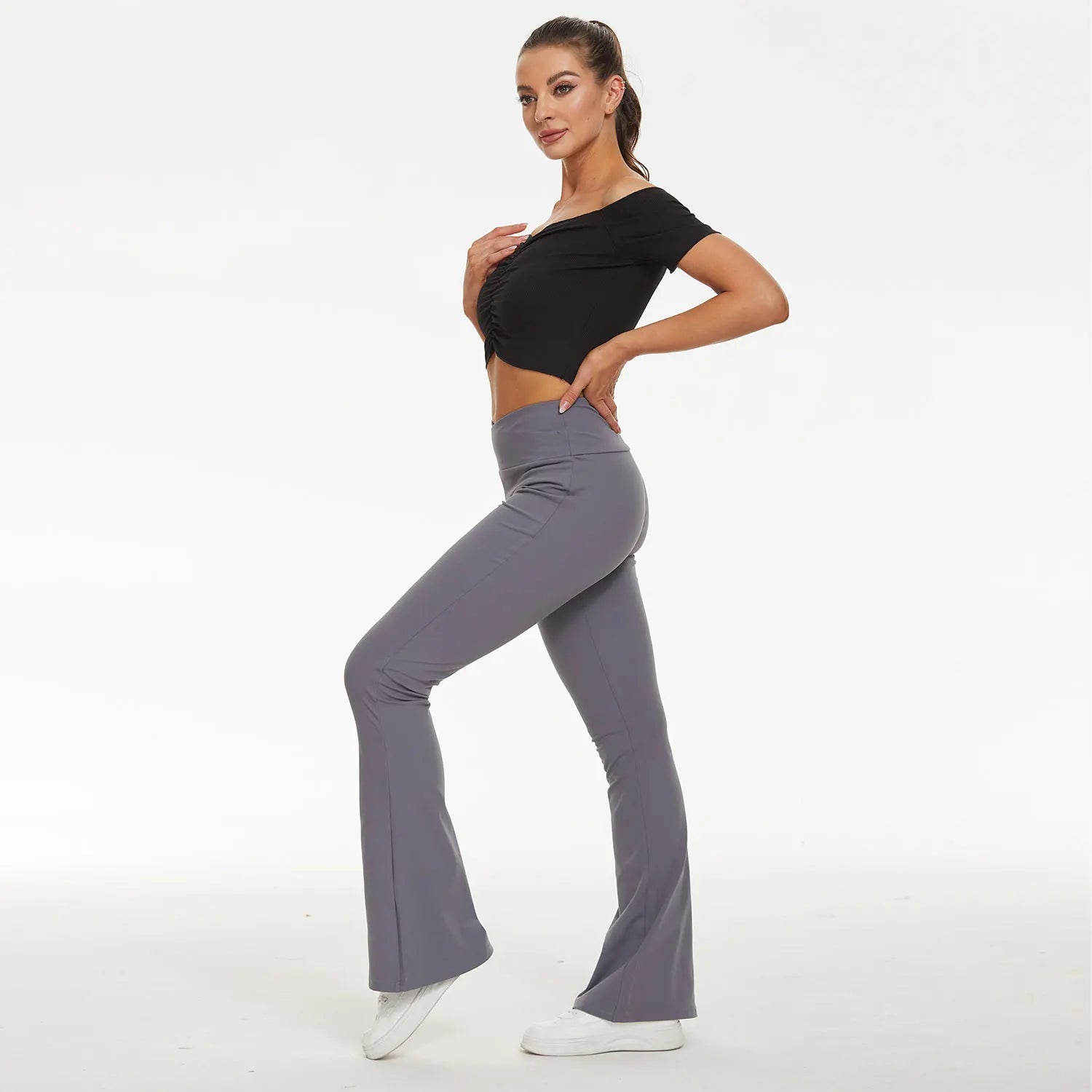 Custom Logo Women's Soft Flare Yoga Leggings Trousers Cross Waist High Performance Eco-Friendly Breathable Spandex/Polyester