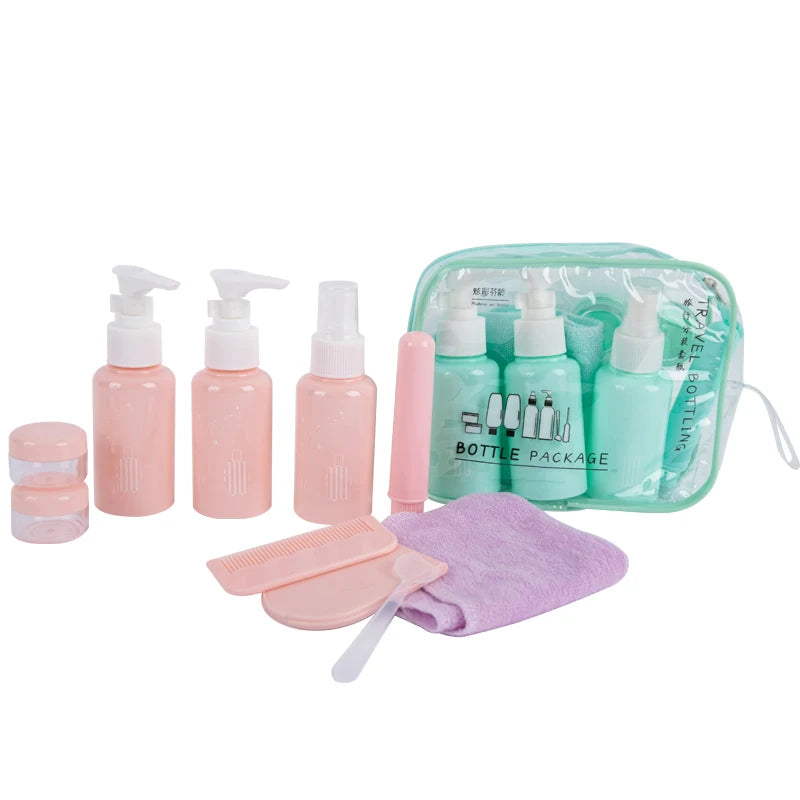 SBelle Unique Large Capacity OEM Portable Travel Bottle Kits Pink Skincare Serum & Shampoo 75ml Pump Sprayer Toothbrush
