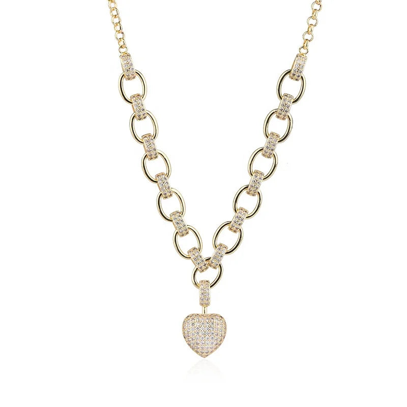 Chic Gold-Plated Copper Paper Clip Chain Delicate Iced Full Diamond Heart Pendant Necklace Weddings Gifts Engagements