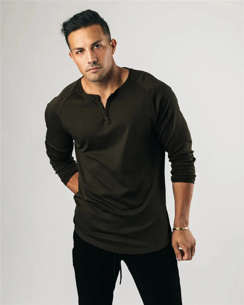 95% Cotton Men's Long Sleeve Gym Shirts Button Fitness Bodybuilding T-Shirt Solid Pattern Jersey Material